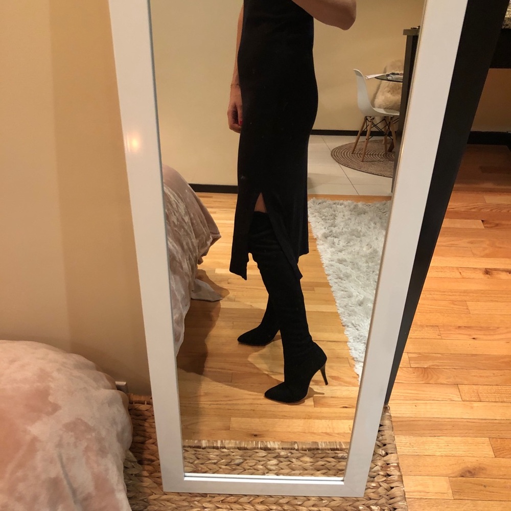 Black suede stretch thigh high boots